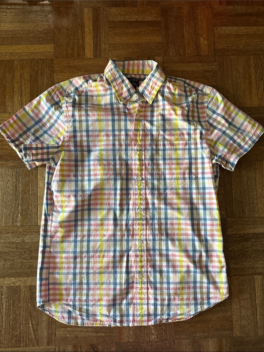 J. Crew Pastel Plaid Short-Sleeve Button-Down Shirt - Yellow, Pink, Blue